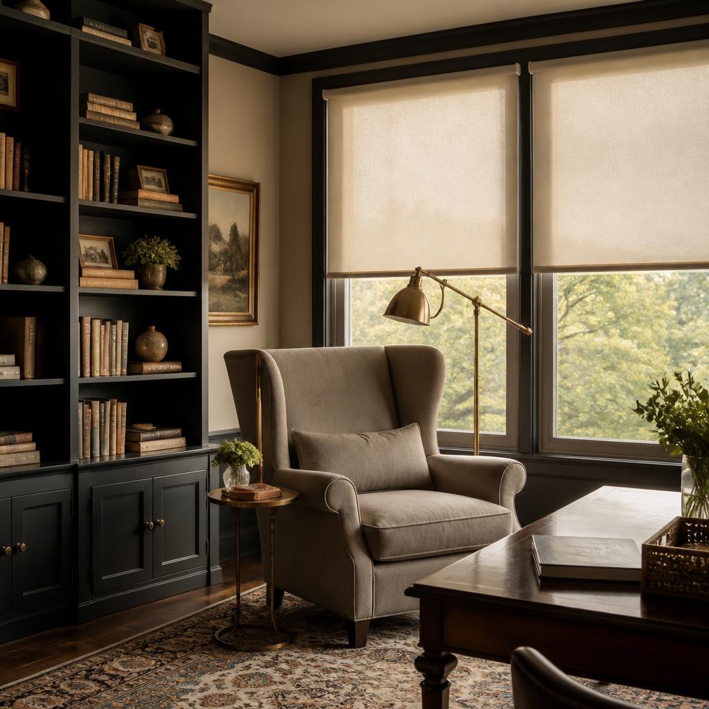 The Grandparents' Study — Motorized shades and adjustable task light